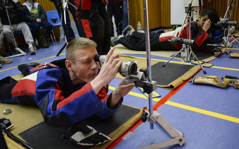 Patch's Joshua Derner spots his target through a scope during the DODDS-Europe Marksmanship Championship Saturday, Feb. 1, 2014 at Wiesbaden, Germany.
