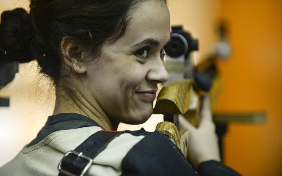 Patch's Caelyn Miller smiles during the DODDS-Europe Marksmanship Championship Saturday, Feb. 1, 2014 at Wiesbaden, Germany. Miller placed first on the day with a final score of 288.