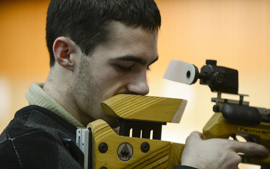 Patch's Lucas Gilliland focuses before taking a shot in the DODDS-Europe Marksmanship Championship Saturday, Feb. 1, 2014 at Wiesbaden, Germany.
