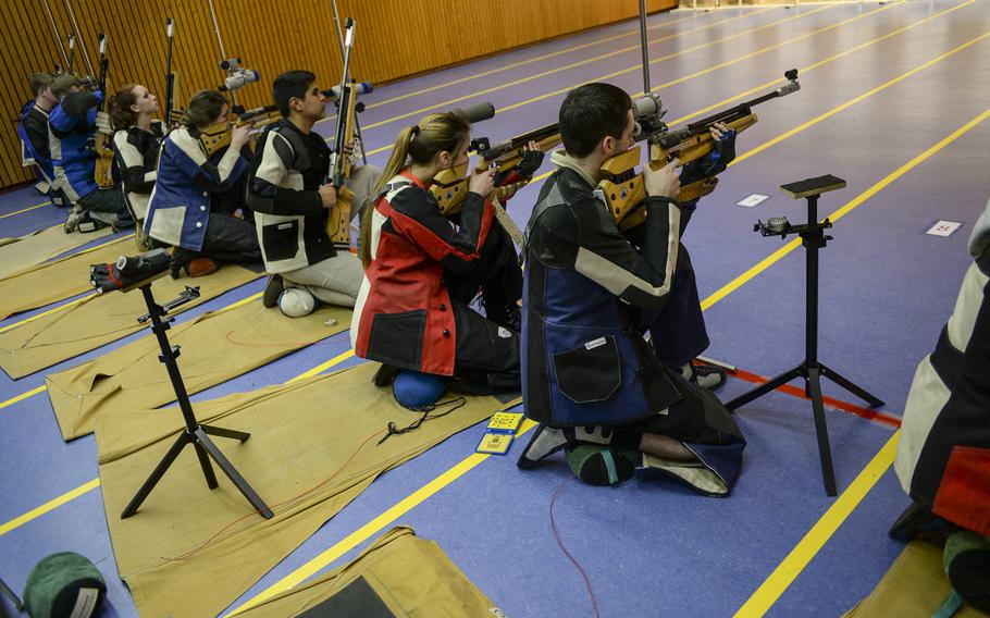 Competitors shoot in the DODDS-Europe Marksmanship Championship Saturday, Feb. 1, 2014 at Wiesbaden, Germany.