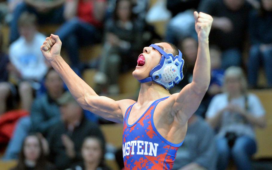Ramstein's Kenny Berry celebrates after beating Wiesbaden's Brendan Sturman to win the 126-pound title at the DODDS-Europe wrestling championships in Wiesbaden, Germany, Saturday, Feb. 15, 2014.





