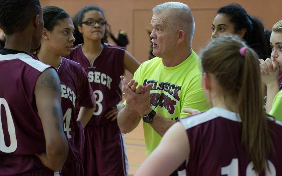 Coach Jim Hall gives his Lady Falcons team some motivation during their come-from-behind victory, Feb. 15, 2014.