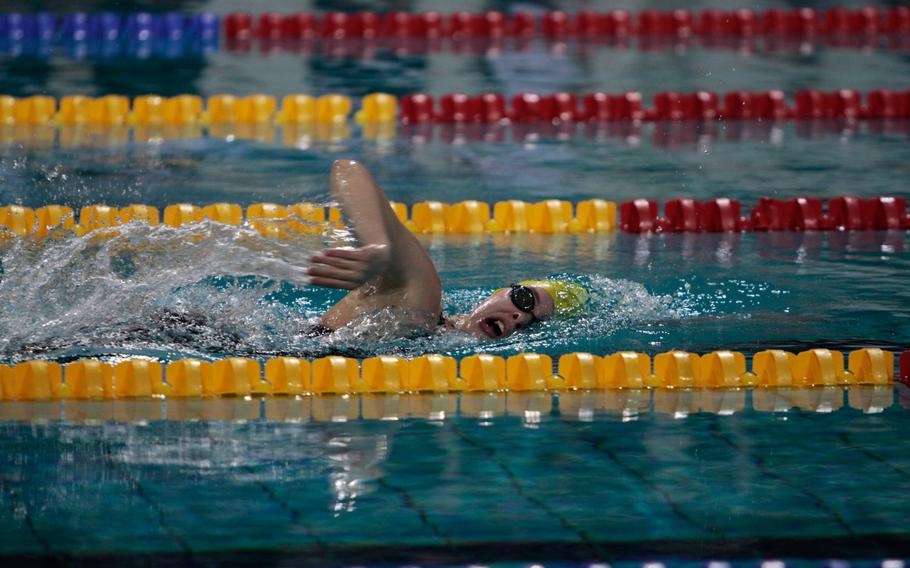 Wiesbaden's Lexy Meints, 17, dominated her age bracket, winning all three of her races Saturday, Feb. 15, 2014, at the European Forces Swim League championships in Eindhoven, Netherlands. Meints won the 100-meter freestyle, butterfly and breaststroke, as well as the 400-meter freestyle. 
