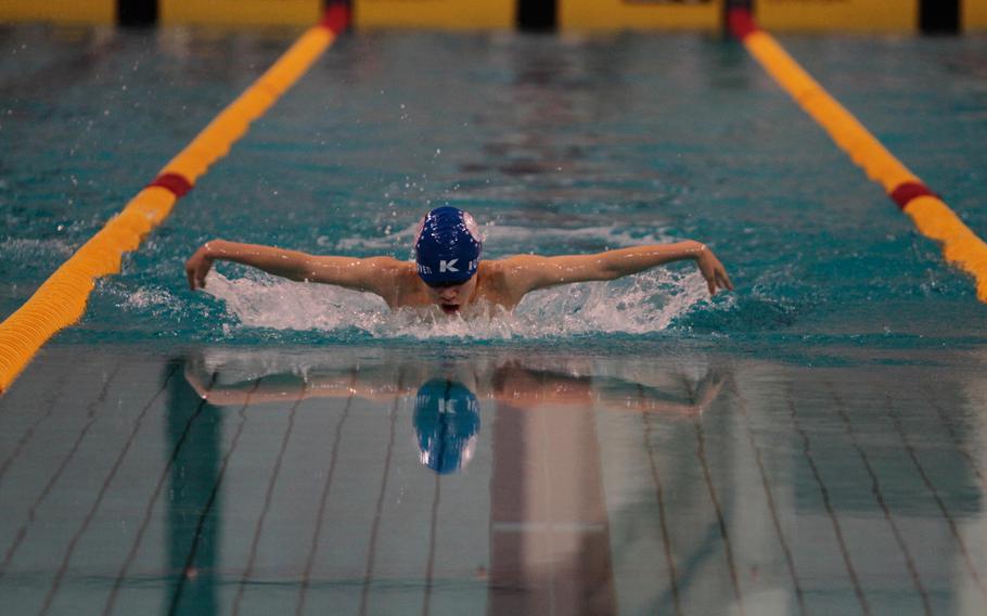 Kaiserslautern's Scott Rustenhaven, 14, won his heat in the 13-to 14-year old boys' 100-meter butterfly, but Lakenheath's Dominic Scifo won the race and broke the European Forces Swim League record in the process Saturday, Feb. 15, 2014, at the European Forces Swim League championships in Eindhoven, Netherlands. 