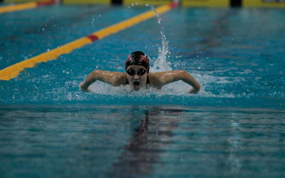 Stuttgart's Katie Nugent, 11, powers her way to victory in the 50-meter butterfly Saturday, Feb. 15, 2014, at the European Forces Swim League championships in Eindhoven, Netherlands. 