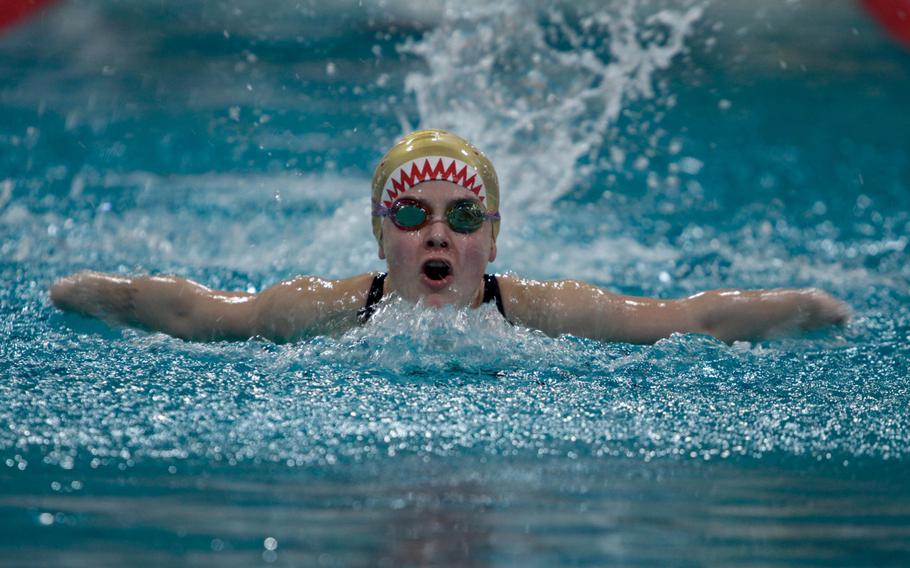 Neve Wilson, 11, of the Stuttgart Piranhas, finished first in her heat in her age group's 100-meter individual medley Saturday, Feb. 15, 2014, at the European Forces Swim League championships in Eindhoven, Netherlands, but the fastest time went to her teammate, Katie Nugent. 
