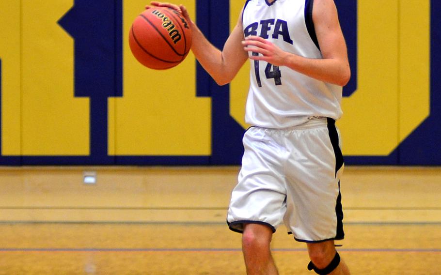 BFA Falcons senior Jordan Stemple looks crosscourt for an open teammate while playing against the Marymount Royals. 