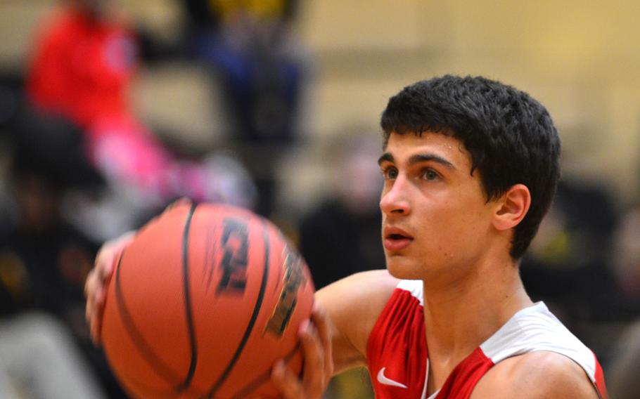 AOSR Falcons freshman Otis Reale prepares to shoot a free throw.  Reale was the top scorer of the game with 34 points.