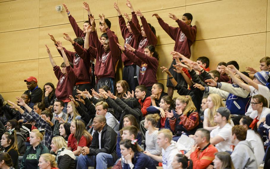AFNORTH fans cheer on their team in a DODDS-Europe basketball championships Division III semifinal game Friday, Feb. 21, 2014. AFNORTH came back to defeat Hohenfels 22-19.