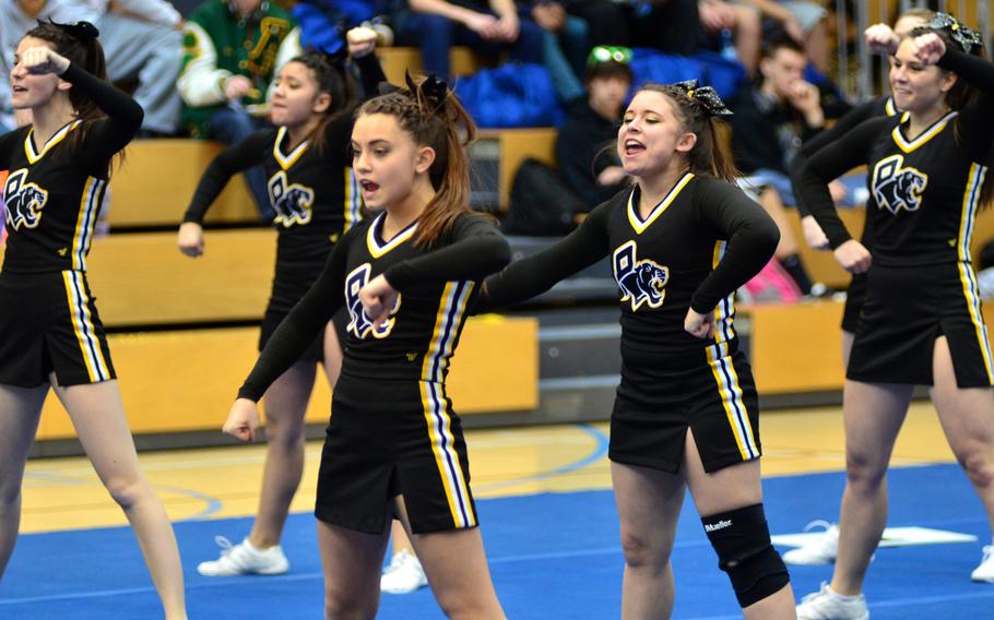 Members of the Patch Panthers cheer squad perform at the DODDS-Europe cheerleading championships in Wiesbaden, Germany, Saturday, Feb. 22, 2014.  The Panthers earned second place for Division I in the 2014 Cheer competition. 