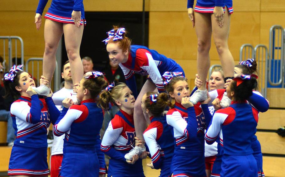 Members of the Ramstein Royals cheer squad perform at the DODDS-Europe cheerleading championships in Wiesbaden, Germany, Saturday, Feb. 22, 2014. The Royals won first for Division I in the 2014 Cheer competition. 