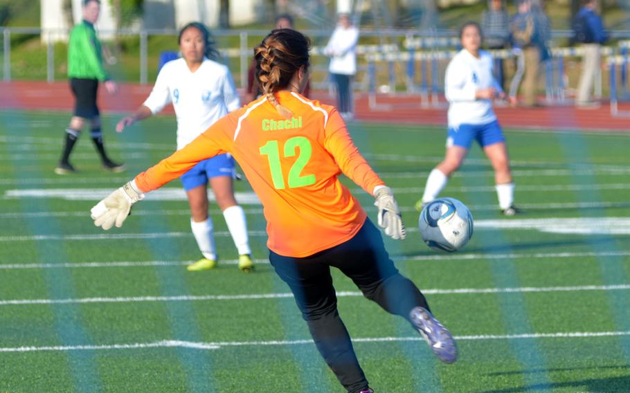 Vilseck's goalie Chachi Valverde kicks the ball back downfield in a game against Wiesbaden.  The Warriors tied the Falcons 3-3, Friday.