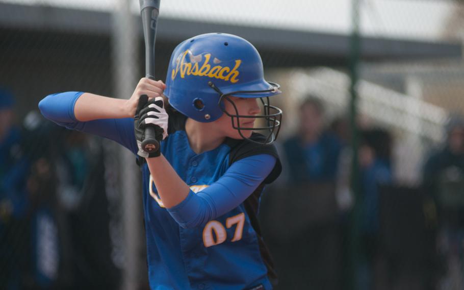 Ansbach's Cheyenne Eckert readies her bat against Baumholder during the first game of a doubleheader Saturday at Ansbach, Germany. Baumholder won both games 15-9, 14-3. 