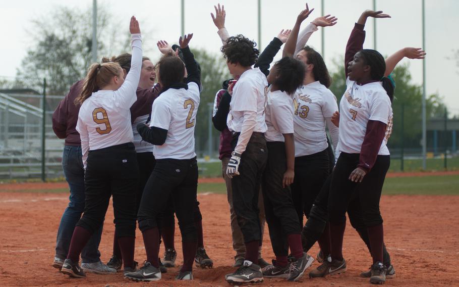 Buamholder celebrates winning their second game of a doubleheader against Ansbach Saturday at Ansbach, Germany. The Buccaneers took both games 15-9, 14-3. 