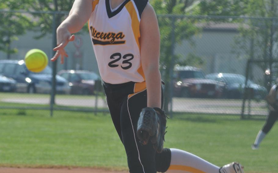 Vicenza's Megan Buffington didn't see a lot of action on the mound Friday. But she was dominant in the three innings she pitched as the Cougars swept a doubleheader from Sigonella, 23-8 and 26-15.