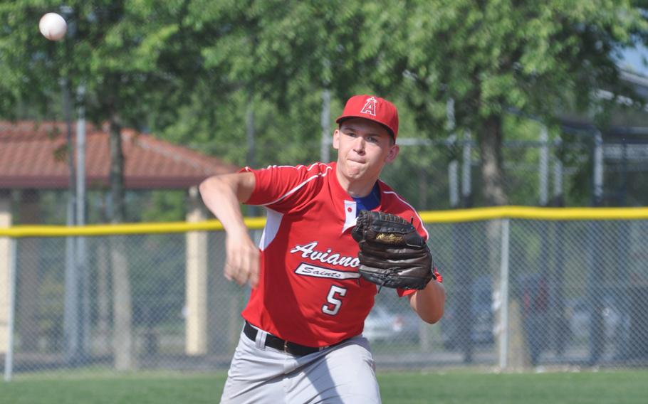 Aviano's Dylan Kelly tosses toward home in the Saints 8-4 loss to Sigonella on Saturday. Kelly gave up three runs in four innings and left with the game tied at 3-3.