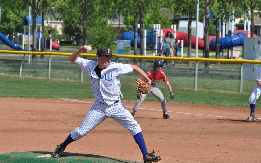 Sigonella's Tommy McManus went three innings for the Jaguars on Saturday, giving up three runs. His team rallied for an 8-4 victory over Aviano.
