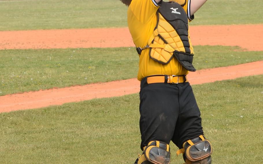 Vicenza catcher Levi Martin is shown catching one of the three fly balls he caught behind home plate Saturday, during the first game of a doubleheader against Naples at the Palladio Satidium in Vicenza, Italy. The Wildcats won 17-3 and 17-0.
 