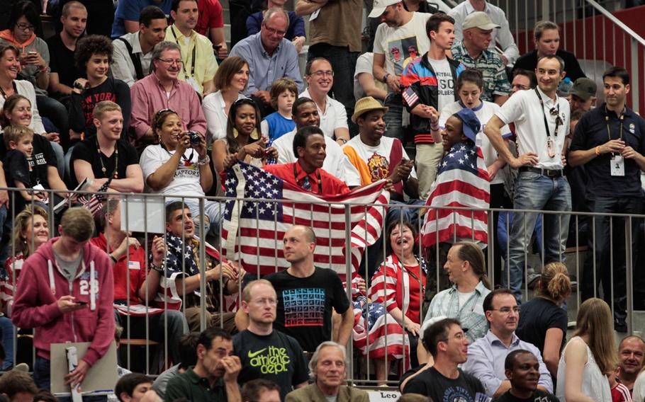 Fans of Team USA cheer for their side Saturday, April 26, 2014, in the final of the 2014 Albert Schweitzer Tournament in Mannheim, Germany. The U.S. lost to Italy 86-73 after giving up an early lead.