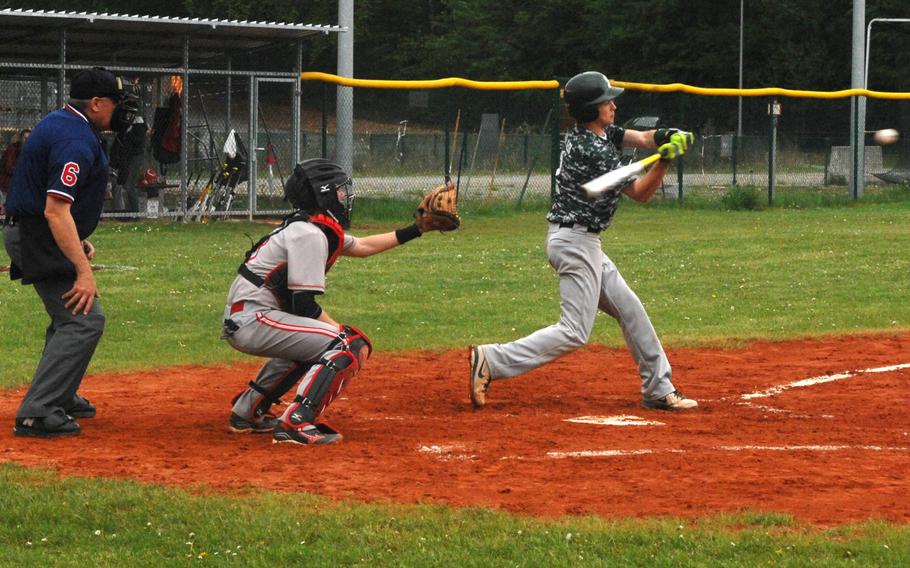SHAPE hitter Austen Eperjesi makes solid contact in the Spartans' 17-0 victory over Kaiserslautern on Friday, May 2, 2014 at Kaiserslautern, Germany. 