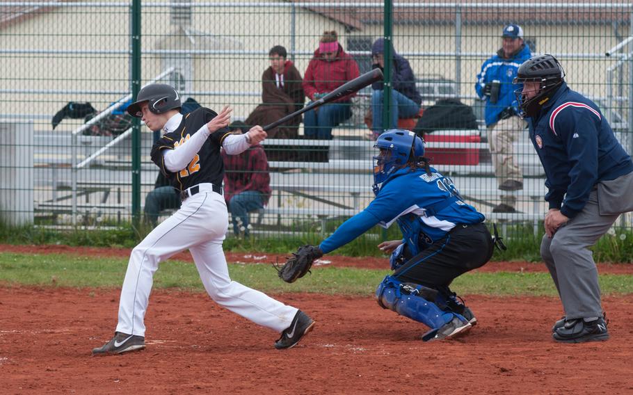 Patch's Collin Higgins sends a ball into left field during the first game between the Panthers and the Hohenfels Tigers, May 3, 2014. The Panthers took the doubleheader, 25-1 and 10-0. 