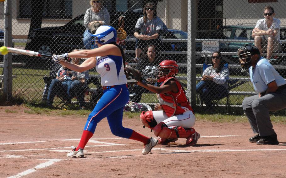 Ramstein's Alexis Weathers connects for a hit in the Royals' 17-7 victory Friday, May 16, 2014, at Kaiserslautern, Germany.