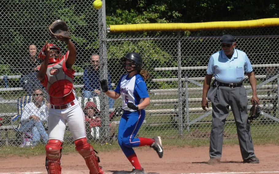 Ramstein's Brea Mangham scores a run in the Royals' 17-7 victory Friday, May 16, 2014, at Kaiserslautern, Germany.
