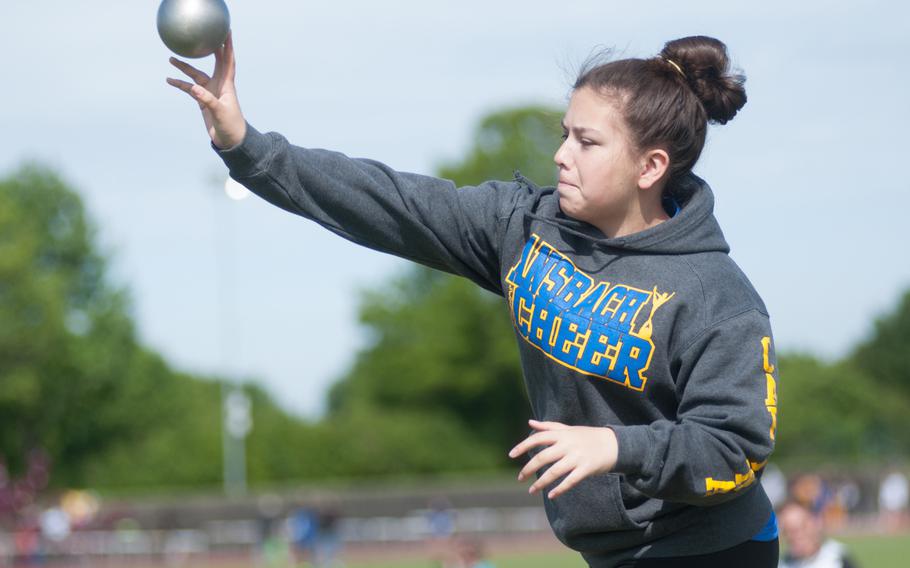Ansbach's Carina Sanchez competes during a shot put event Saturday at a track and field meet at Ansbach, Germany.