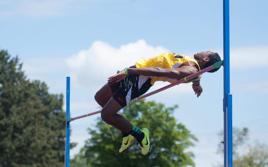 Patch's C.J. Ferguson makes a 6 foot, 1 inch high jump Saturday, during the track and field meet held at Ansbach, Germany.