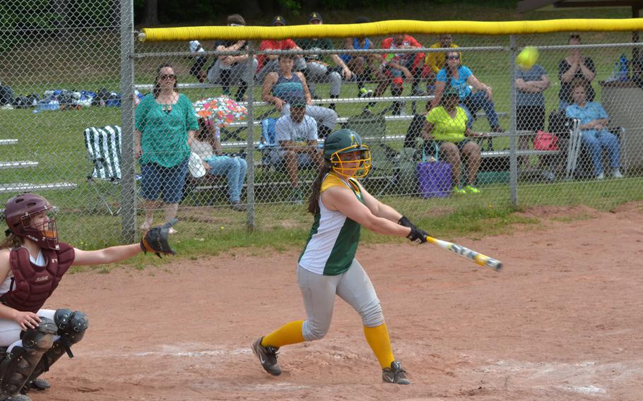 Alconbury senior Caitlin Cash provides the game-winning hit against AFNORTH during the first day of pool play in the DODDS-Europe Division II softball championships in Kaiserslautern, Germany on May 22, 2014.  Alconbury beat AFNORTH 9-7.