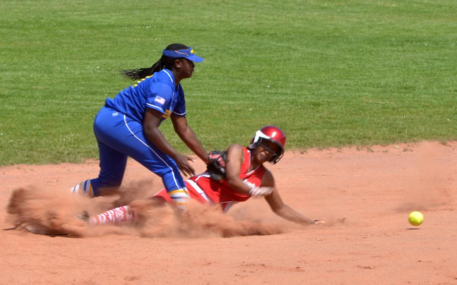 Kaiserslautern's Tori Liggins slides into second base after hitting a double against Wiesbaden in day one of pool play at the DODDS-Europe softball championships in Kaiserslautern, Germany May 22.  