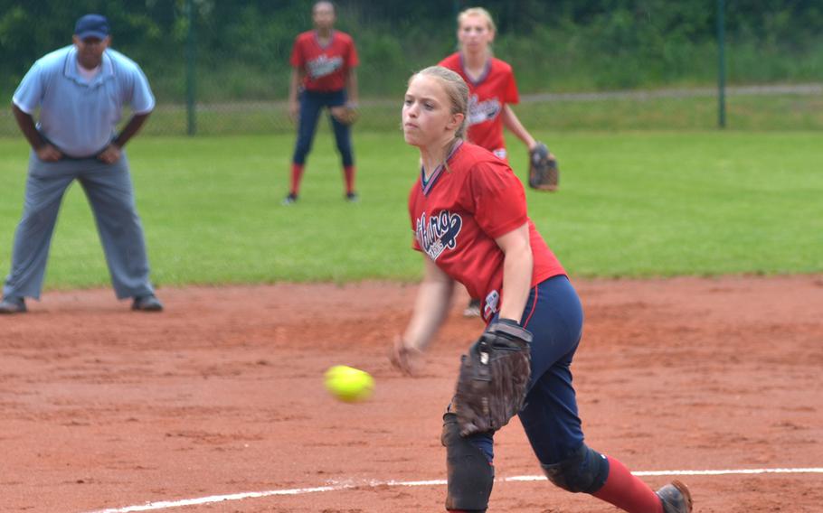 Bitburg's Alexa Landenberger pitches against Naples in day one of pool play at the DODDS-Europe softball championships in Kaiserslautern, Germany on May 22, 2014.  