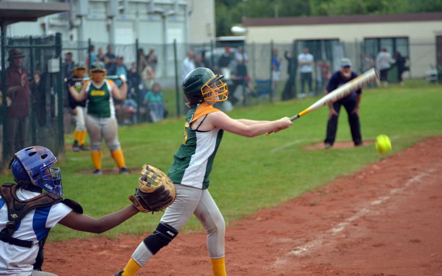 Alconbury's Ashlynn Stayton makes a base hit against Rota during day one of pool play at the DODDS-Europe softball championships in Kaiserslautern, Germany on May 22, 2014. Rota defeated Alconbury 22-8.