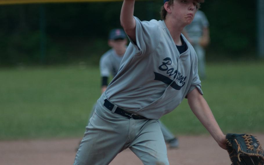 Bitburg's Logan Wolberg threw four innings against the Hohenfels Tigers during day one pool play in the DODDS-Europe Division II baseball tournament at Ramstein, Germany on May 22, 2014. 
