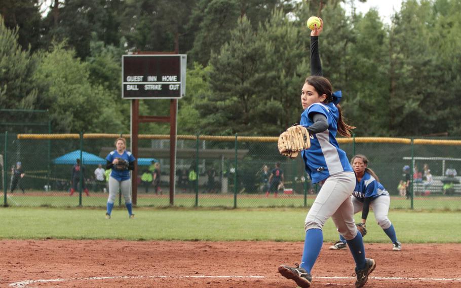 Rota pitcher Mikaela Palmer winds up against AFNORTH during pool play Friday, May 23, 2014 in the DODDS-Europe softball championships. The Admirals downed the Lions 8-1.