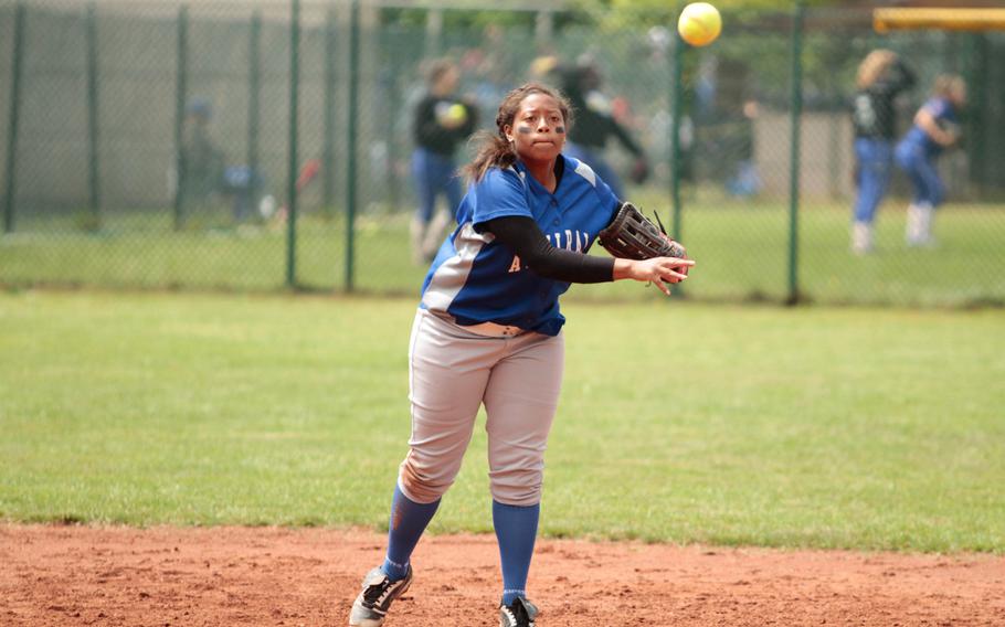 Rota shortstop Jalahna Burton throws to first after fielding a ground ball in the final inning of the Admirals' 8-1 pool play victory in the DODDS-Europe softball championships Friday, May 23, 2014, over AFNORTH.