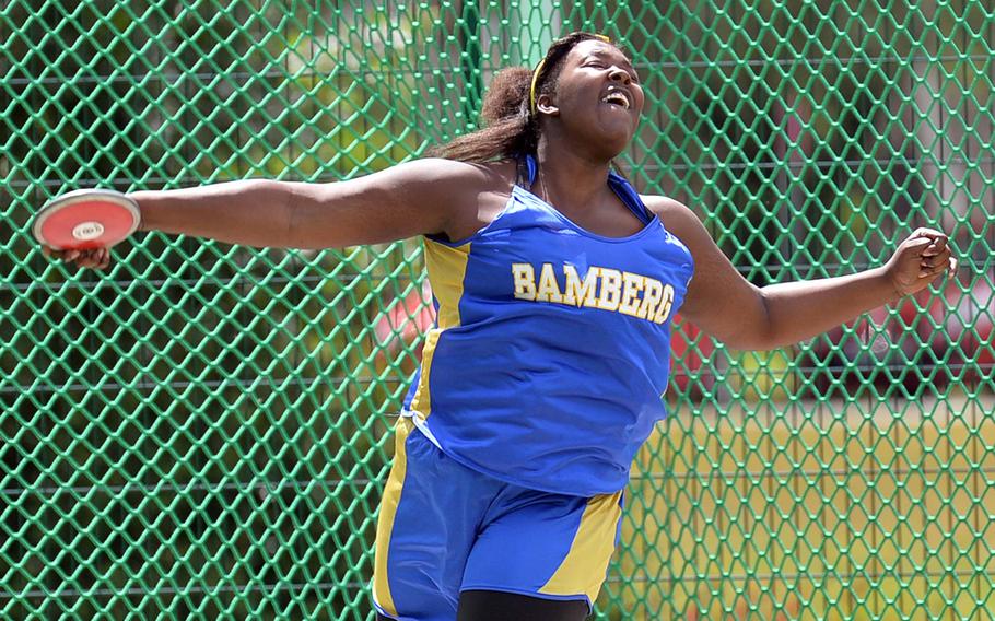 Bamberg's Damonique Lamons won the girls discus event with a throw of 106 feet, 8 inches at the DODDS-Europe track and field championships in Kaiserslautern, Germany, Friday, May 23, 2014.