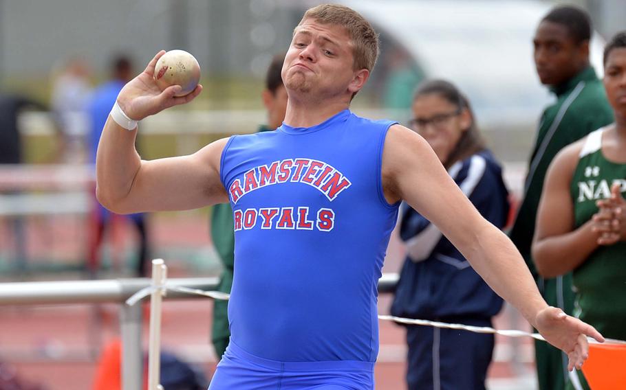 Drake Harness won the boys shot put event with a throw of 45 feet, 4.25 inches at the DODDS-Europe track and field championships in Kaiserslautern, Germany, Friday, May 23, 2014.
