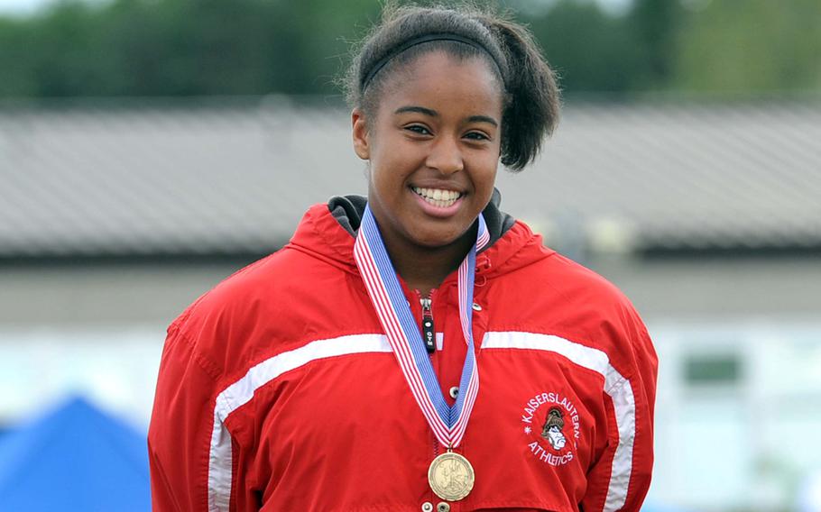 Kaiserlautern's Rhea Harris won the girls triple jump event with a leap of 34 feet, 10 inches at the DODDS-Europe track and field championships in Kaiserslautern, Germany, Friday, May 23, 2014.