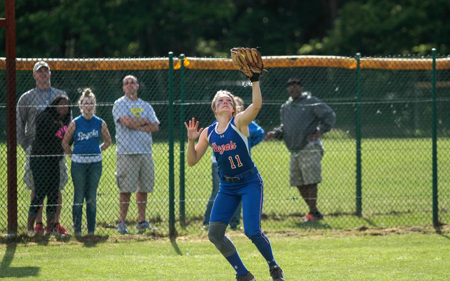 Ramstein's Zania Sterling brings down a fly ball in the Royals' quarterfinal match Friday against Kaiserslautern in the DODDS-Europe softball championships. 