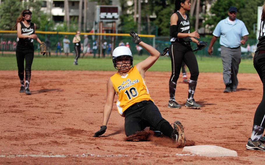 Patch's Shannon Nam slides into third after a solid hit in the Panthers' 9-1 quarterfinal win Friday over Vilseck in the DODDS-Europe softball championships. 