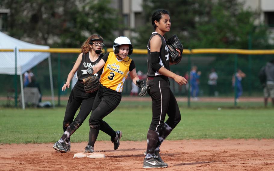 Patch's Paige Miller rounds second in a productive inning for the Panthers. Patch routed Vilseck 9-1 in their quarterfinal match Friday in the DODDS-Europe softball championships. 