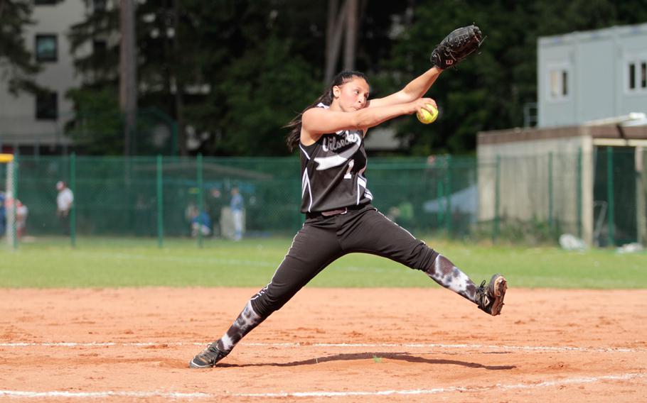 Vilseck pitcher Kayla Clamage gets ready to hurl the ball in her team's 9-1 quarterfinal loss Friday against Patch in the DODDS-Europe softball championships. 
