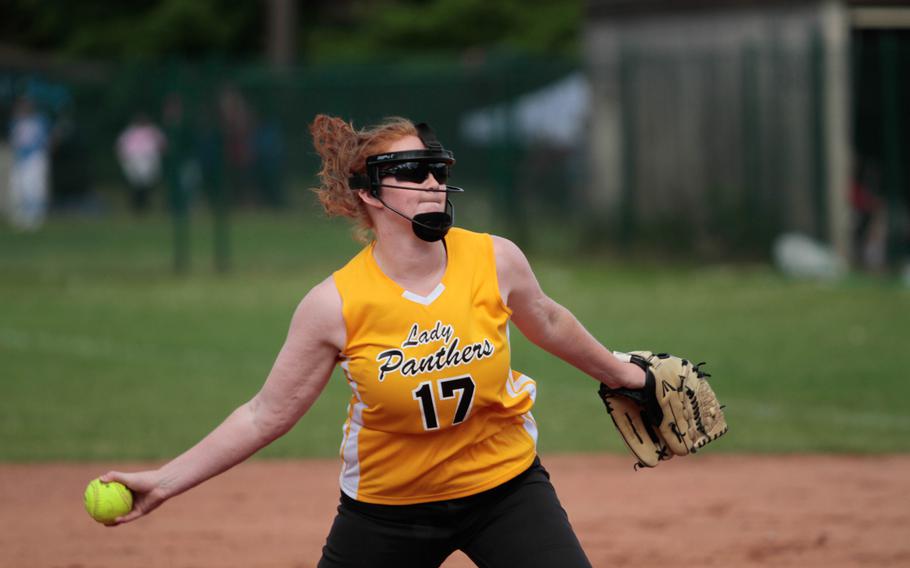 Patch senior pitcher Colleen Fenton delivers the ball in her team's 9-1 win Friday over Vilseck in the DODDS-Europe softball championships. 