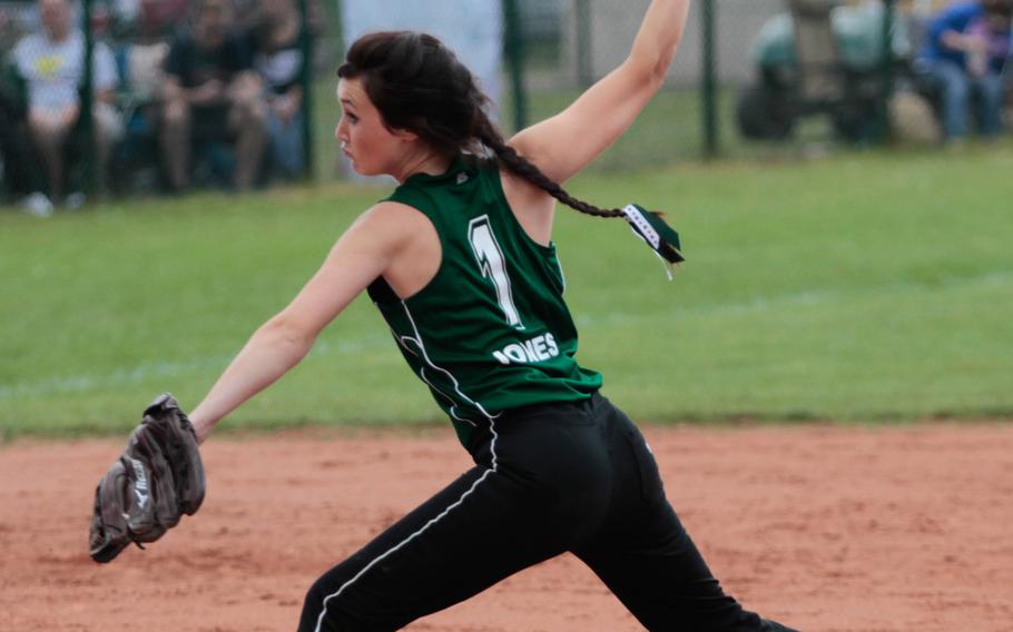 Naples pitcher DeDe Jones winds up in the Wildcats' 18-3 quarterfinal rout of Ansbach in the DODDS-Europe softball championships Friday. 
