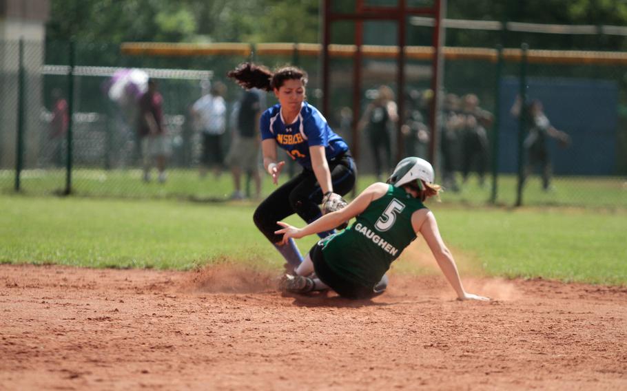 Naples sophomore Anna Gaughen slides into second and avoids the tag Friday in the Wildcats' 18-3 quarterfinal win over Ansbach in the DODDS-Europe softball championships. 