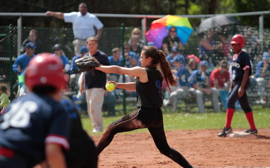 Hohenfels freshman pitcher Elexianna Artiaga winds up in the Lions 10-3 quarterfinal win over Aviano in the DODDS-Europe championships Friday.