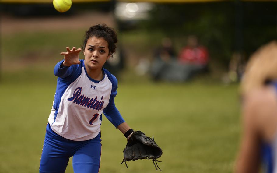 Ramstein's Savannah Brooks tosses the ball to first base Saturday, May 24, 2014, in the DODDS-Europe Division I championship game at Ramstein, Germany.