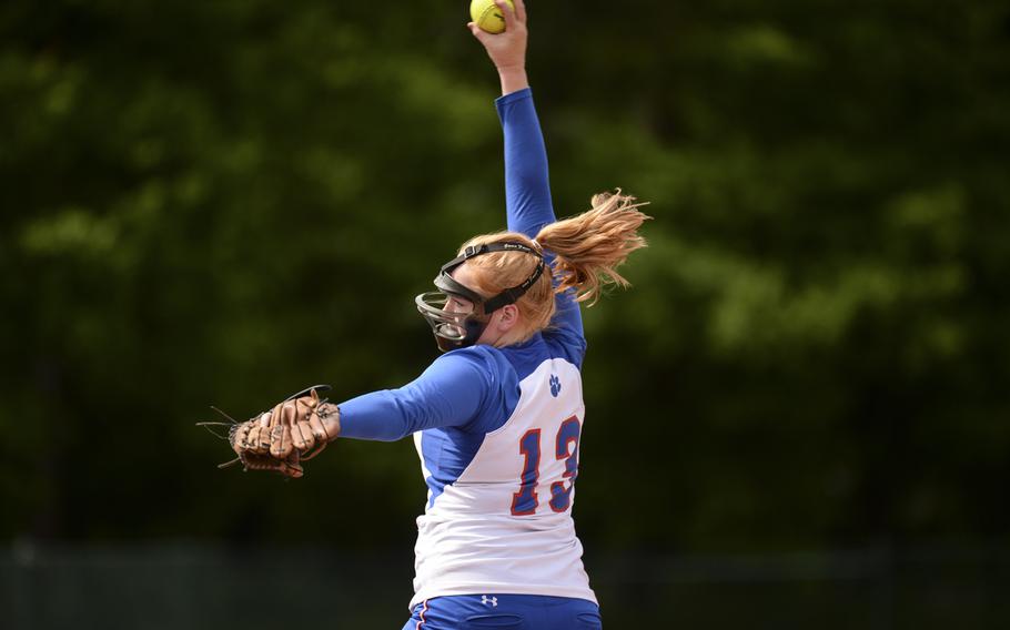Ramstein's Katherine Enyeart pitches Saturday, May 24, 2014, in the DODDS-Europe Division I championship game at Ramstein, Germany.