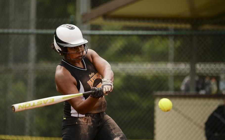 Patch's Breanna Rodriguez gets a hit Saturday, May 24, 2014, in the DODDS-Europe Division I championship game at Ramstein, Germany.
